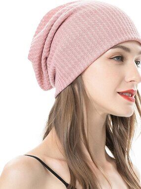 Women's Solid Pink Warm Knit Winter Pull-On Classic Slouchy Stretch Skull Cap